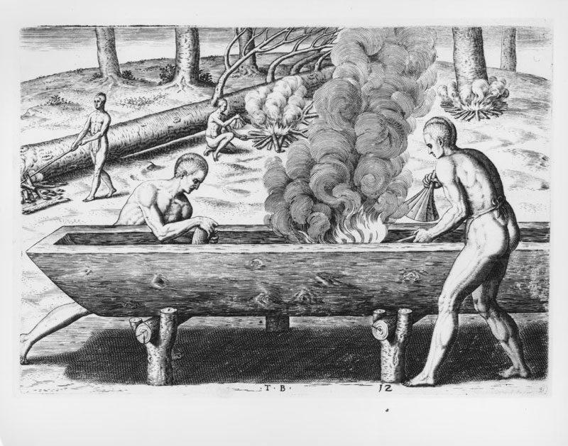 native Americans building canoe